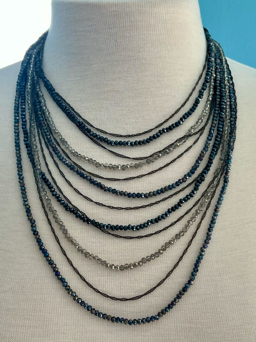 Multi-Strand Blue and Gray Crystal Beaded layered Necklace -